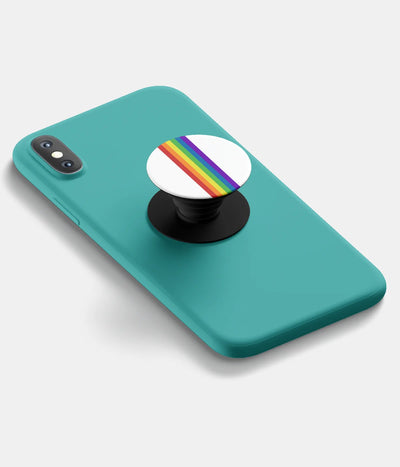 A top-down view of a phone grip holder attached to a mobile phone case on a white background
