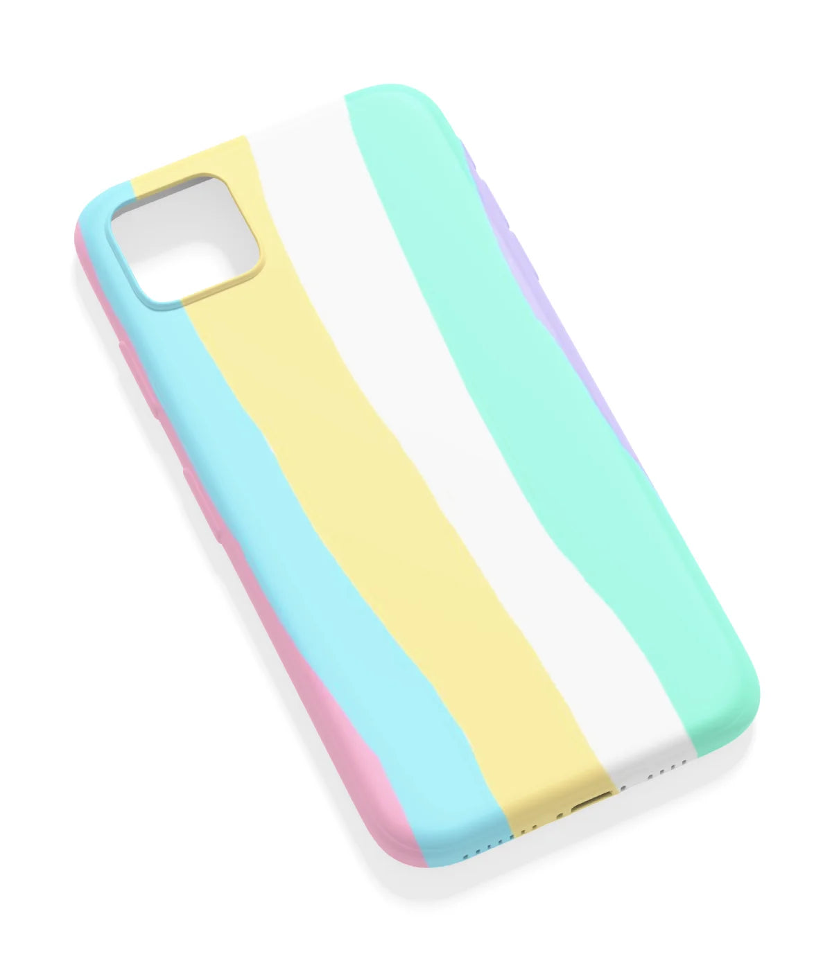 An angled view of a soft silicone case featuring a vibrant design.
