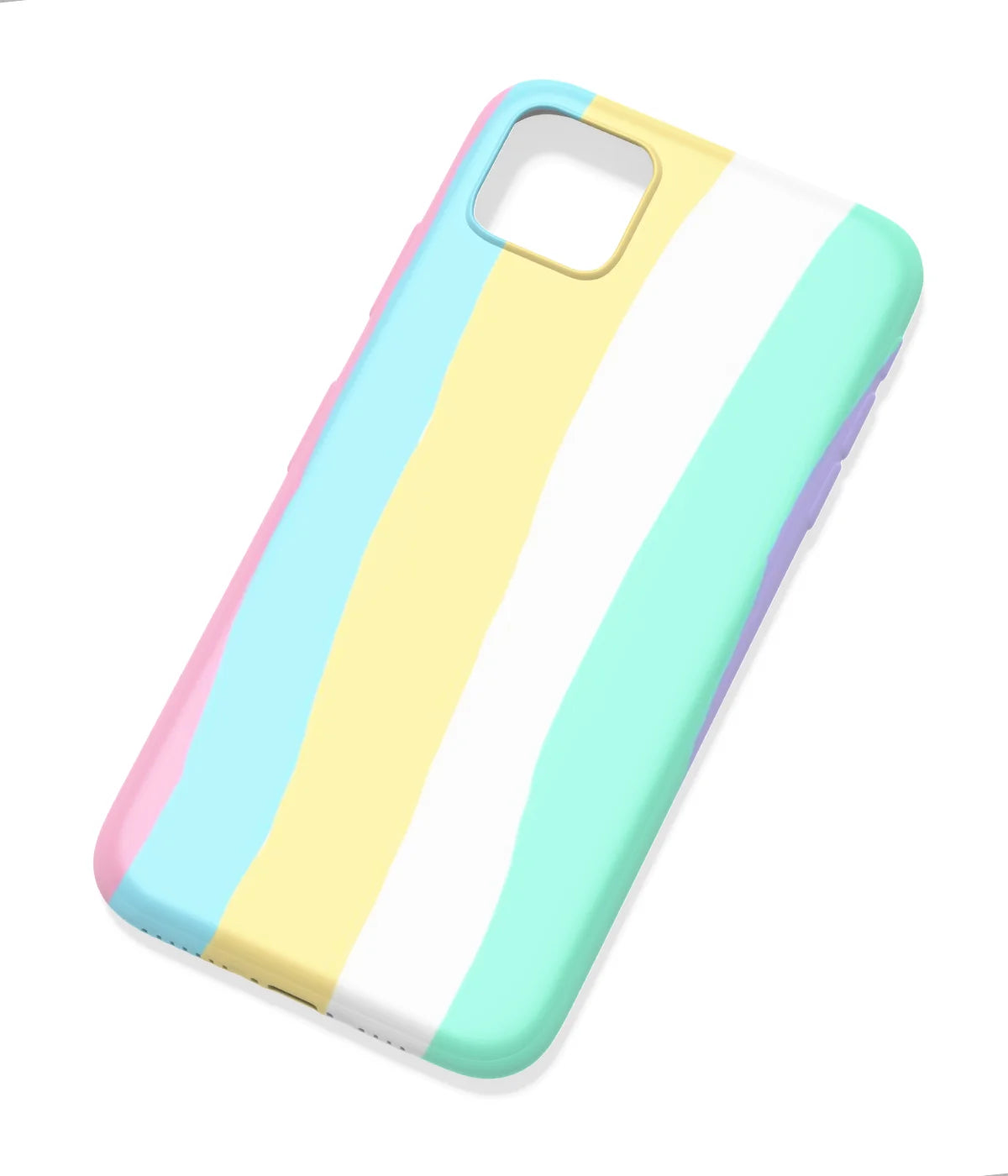 An angled view of a soft silicone case featuring a colorful design.