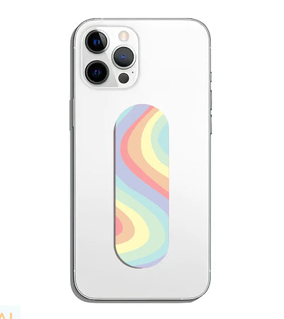 A phone grip slider applied to the back of a smartphone.