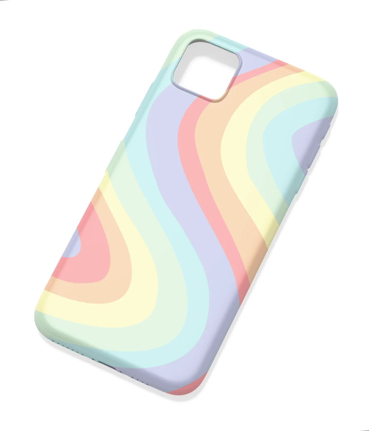 An angled view of a soft silicone case featuring a colorful design.