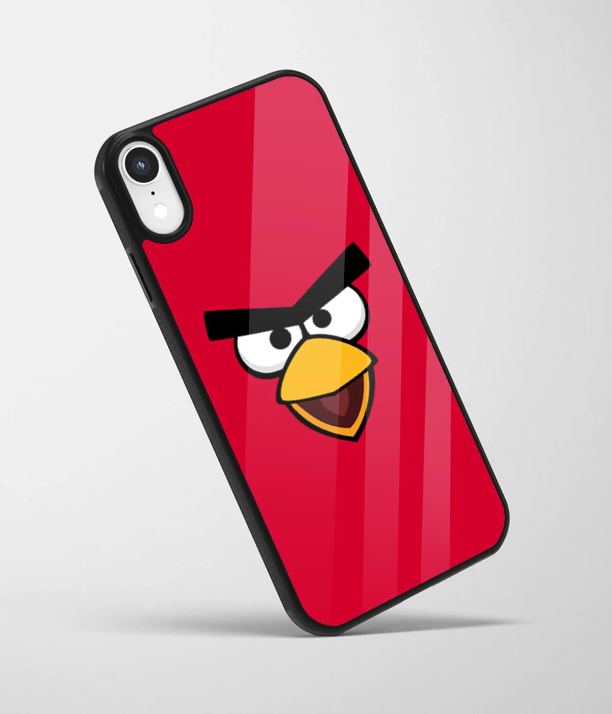 An angled view of a glass phone case featuring a vibrant design.
