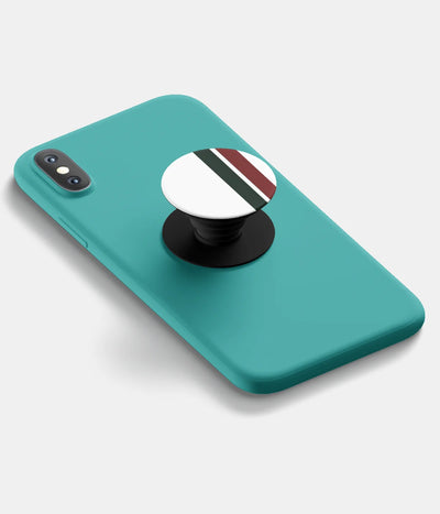 A top-down view of a phone grip holder attached to a mobile phone case on a white background