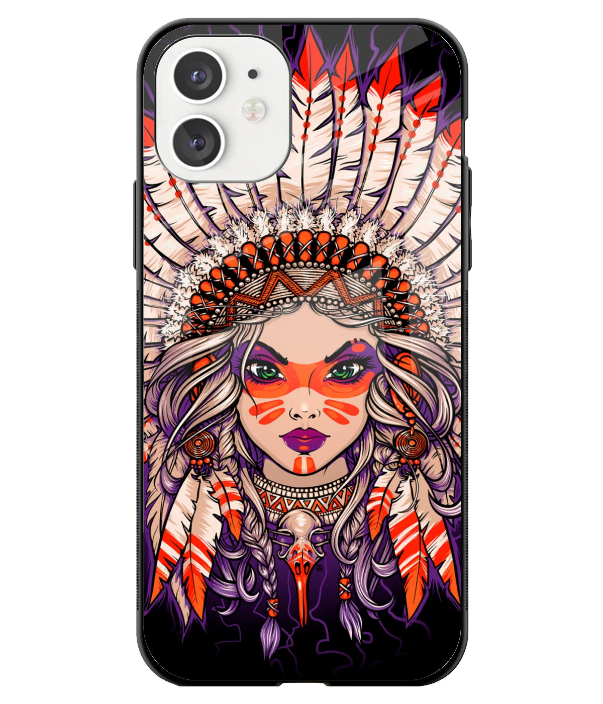 A front-on view of a glass phone case with a colorful design.