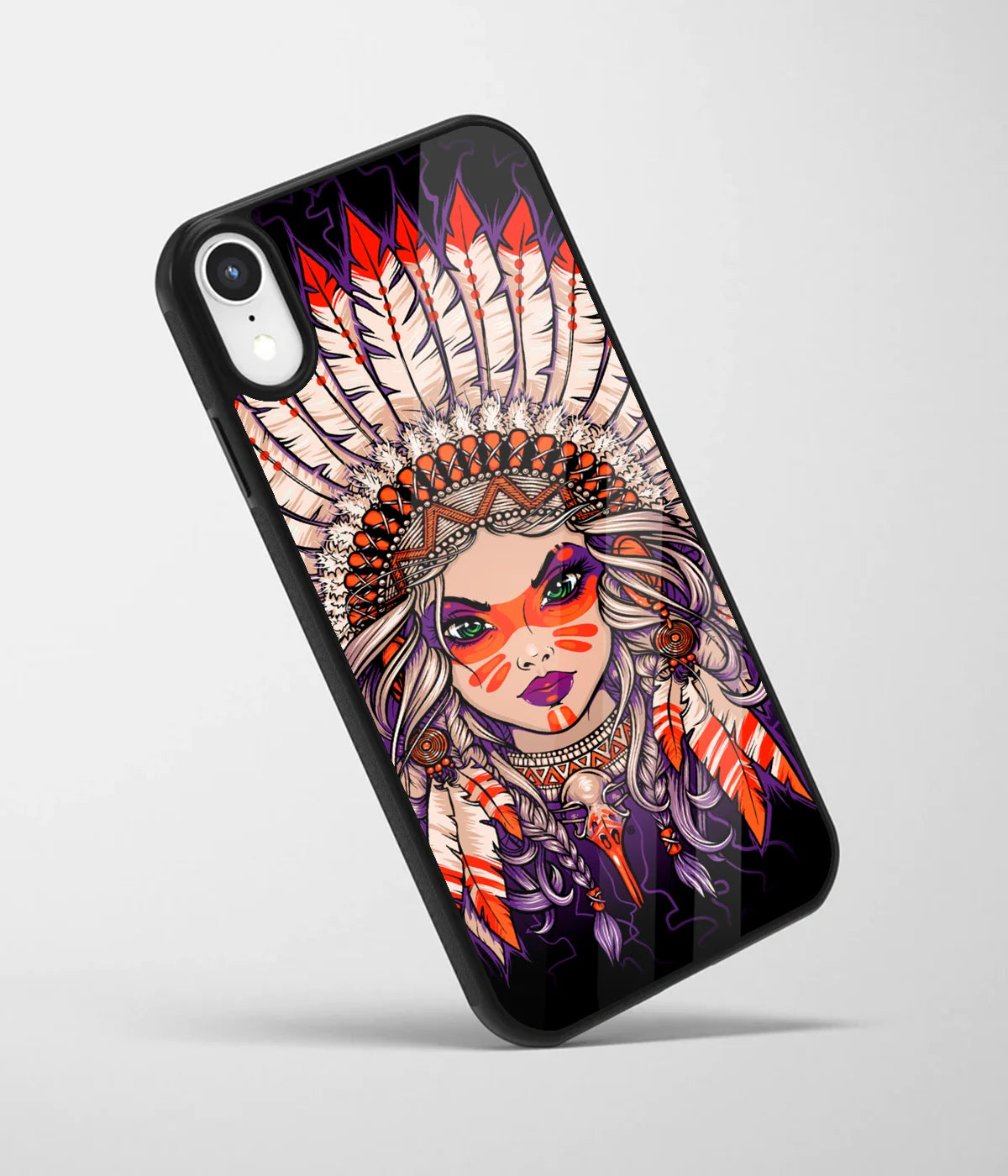 An angled view of a glass phone case featuring a vibrant design.