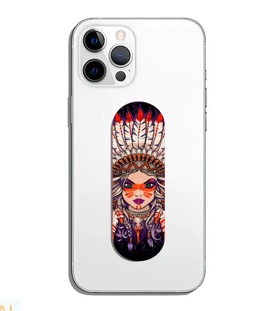 A phone grip slider applied to the back of a smartphone.