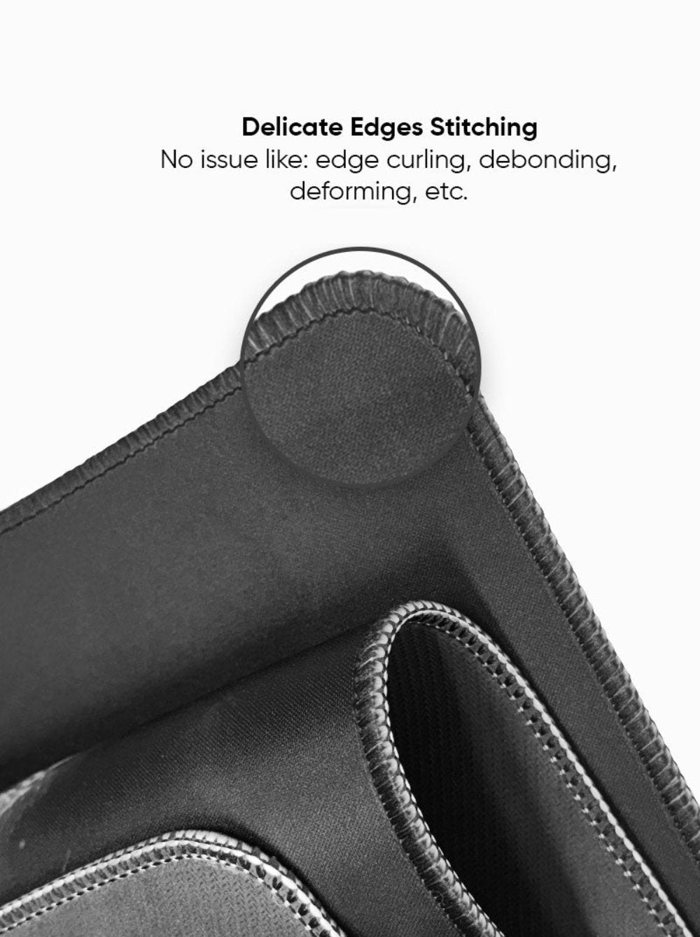 Detailed macro shot of the desk mat's delicate edge stitching.