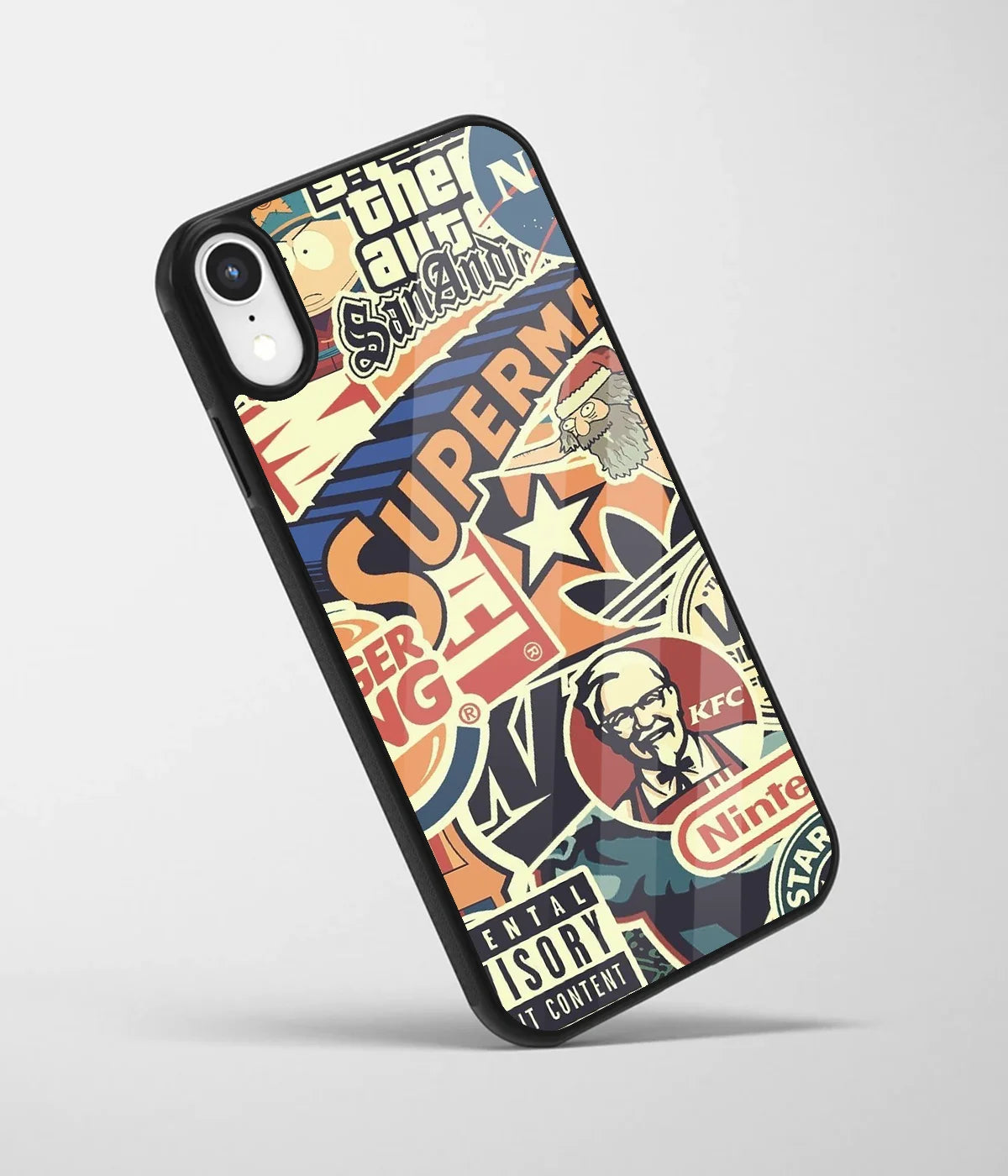 An angled view of a glass phone case featuring a vibrant design.