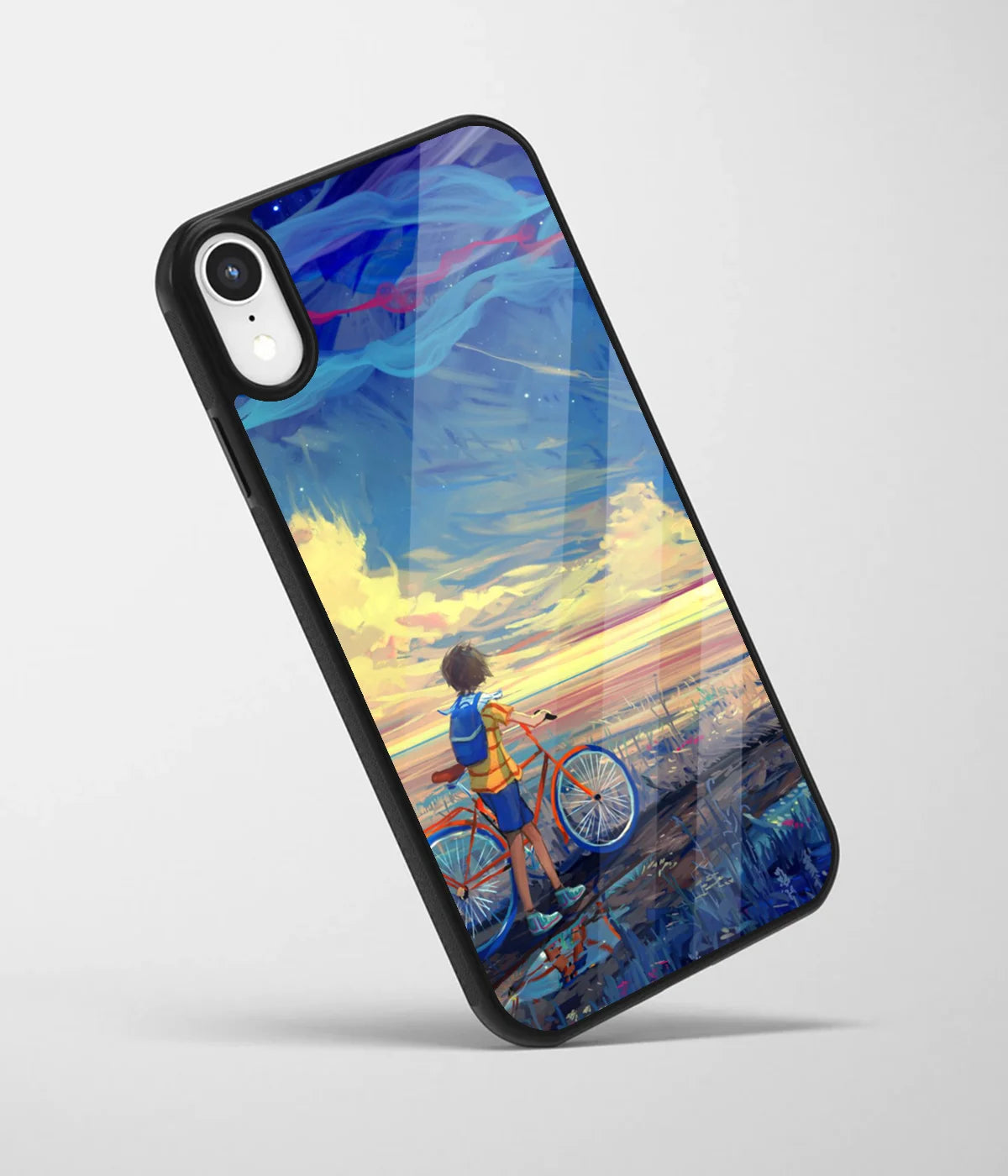 An angled view of a glass phone case featuring a vibrant design.