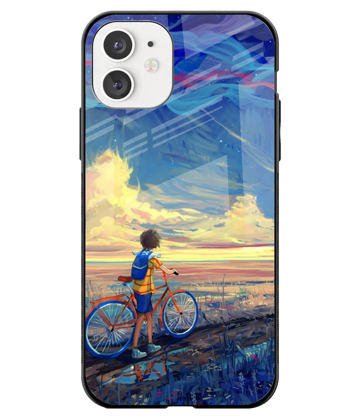 A front-on view of a glass phone case with a colorful design.