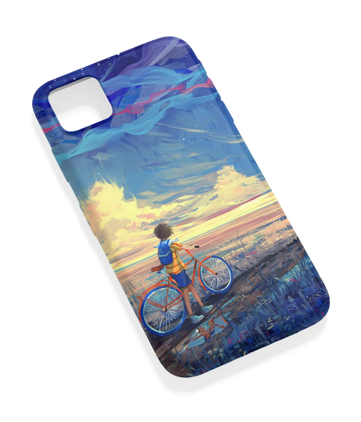 An angled view of a soft silicone case featuring a vibrant design.