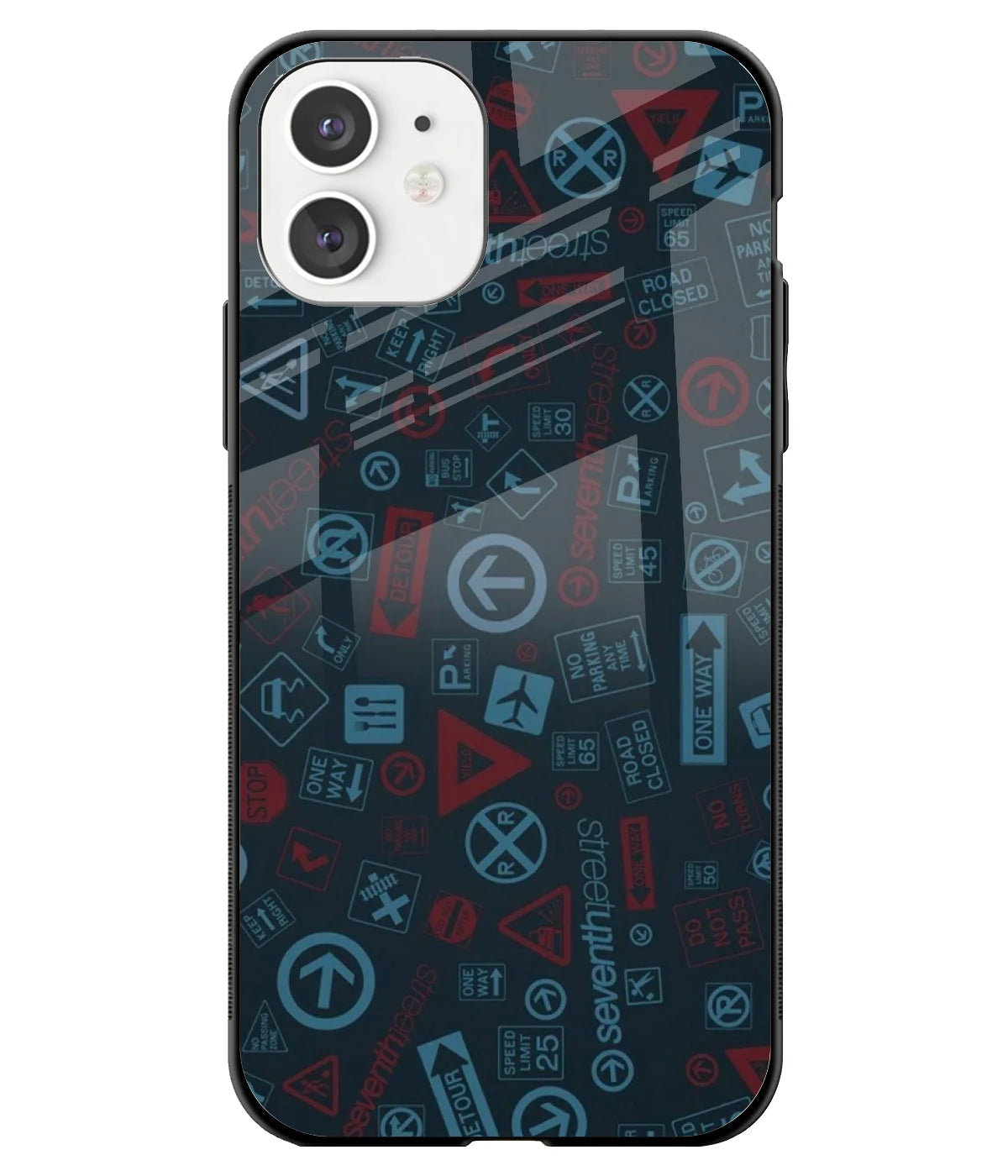 A front-on view of a glass phone case with a colorful design.