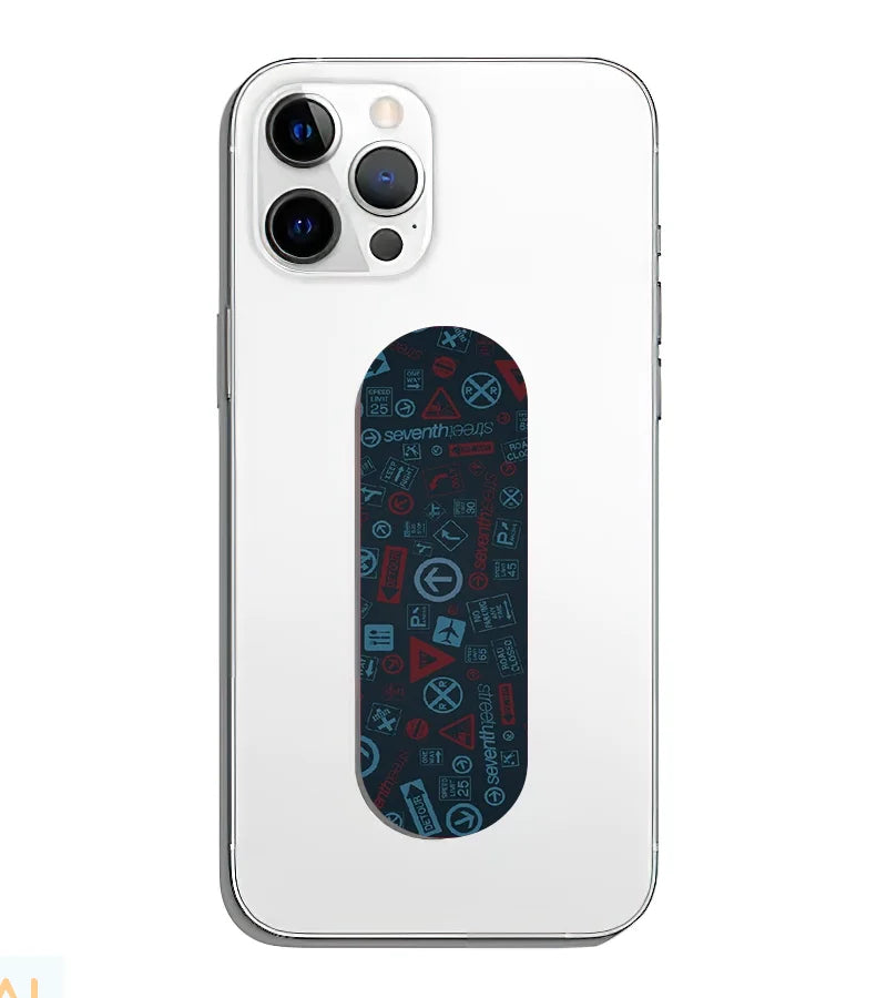 A phone grip slider applied to the back of a smartphone.