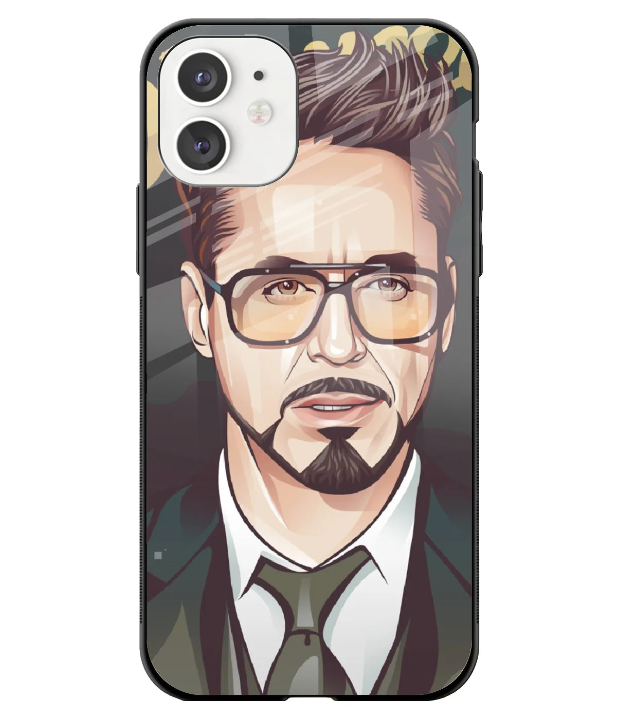 A front-on view of a glass phone case with a colorful design.