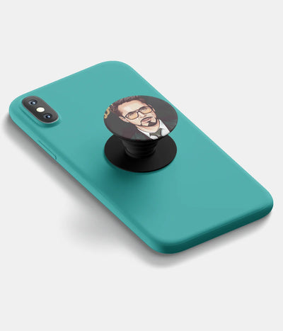 A top-down view of a phone grip holder attached to a mobile phone case on a white background