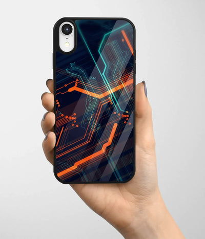A hand holding a glass phone case with a colorful design.