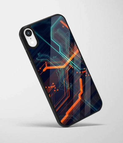 An angled view of a glass phone case featuring a vibrant design.