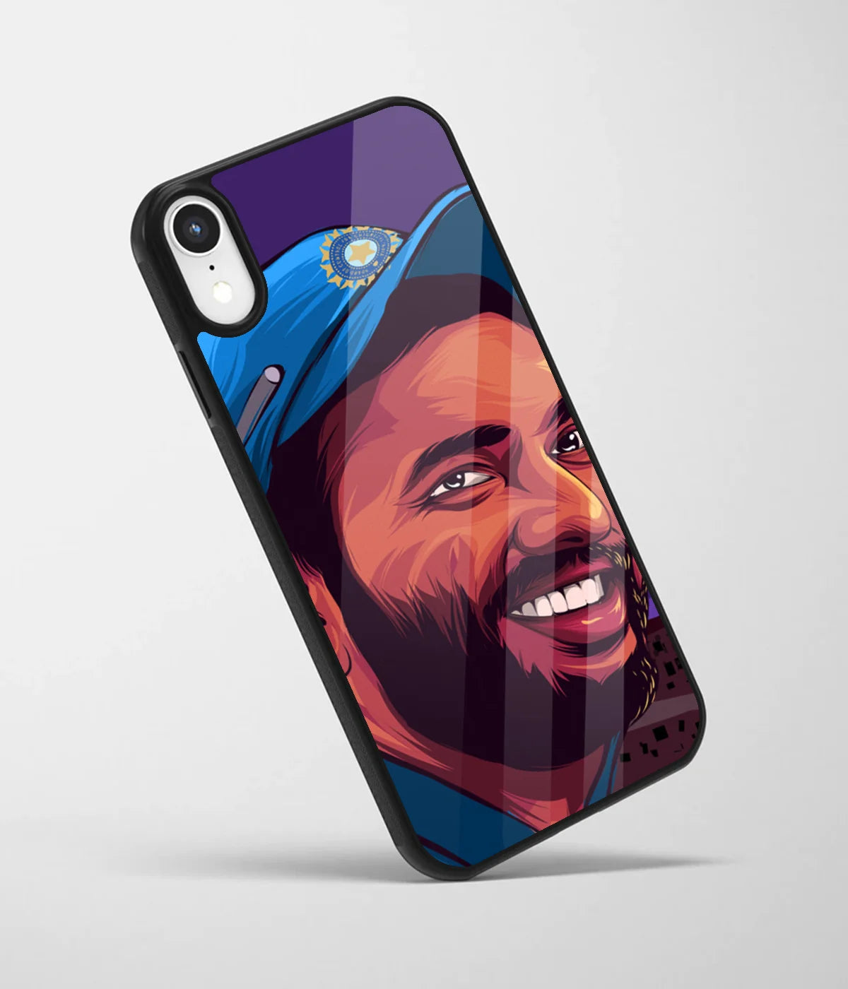 An angled view of a glass phone case featuring a vibrant design.