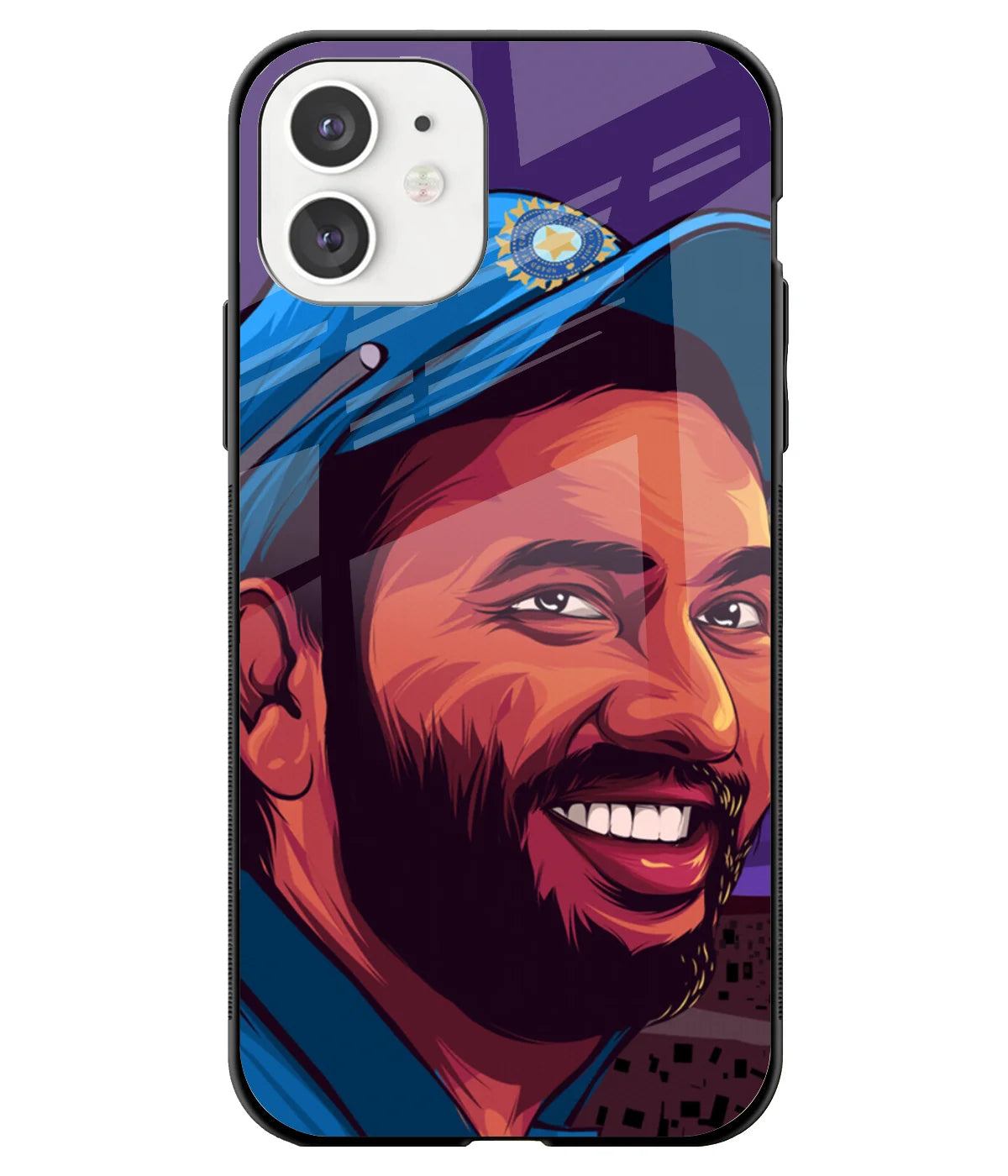 A front-on view of a glass phone case with a colorful design.