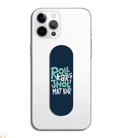 A phone grip slider applied to the back of a smartphone.