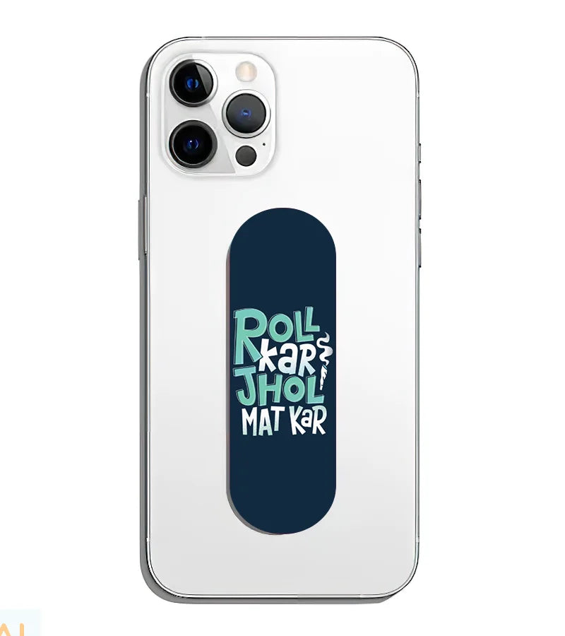 A phone grip slider applied to the back of a smartphone.