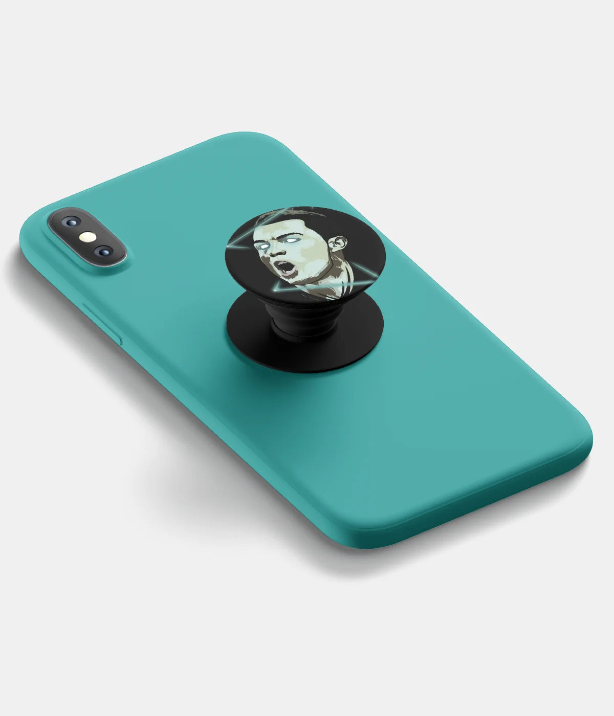 A top-down view of a phone grip holder attached to a mobile phone case on a white background