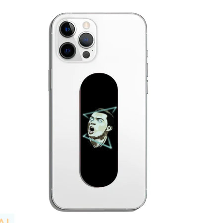 A phone grip slider applied to the back of a smartphone.