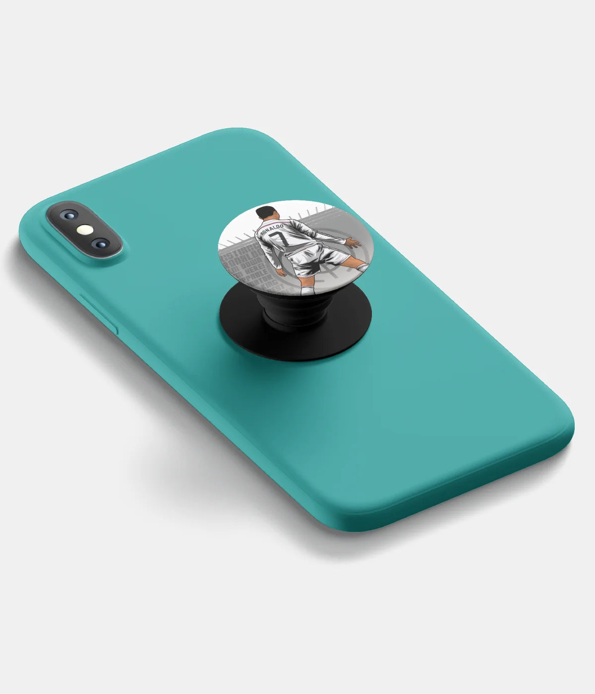 A top-down view of a phone grip holder attached to a mobile phone case on a white background