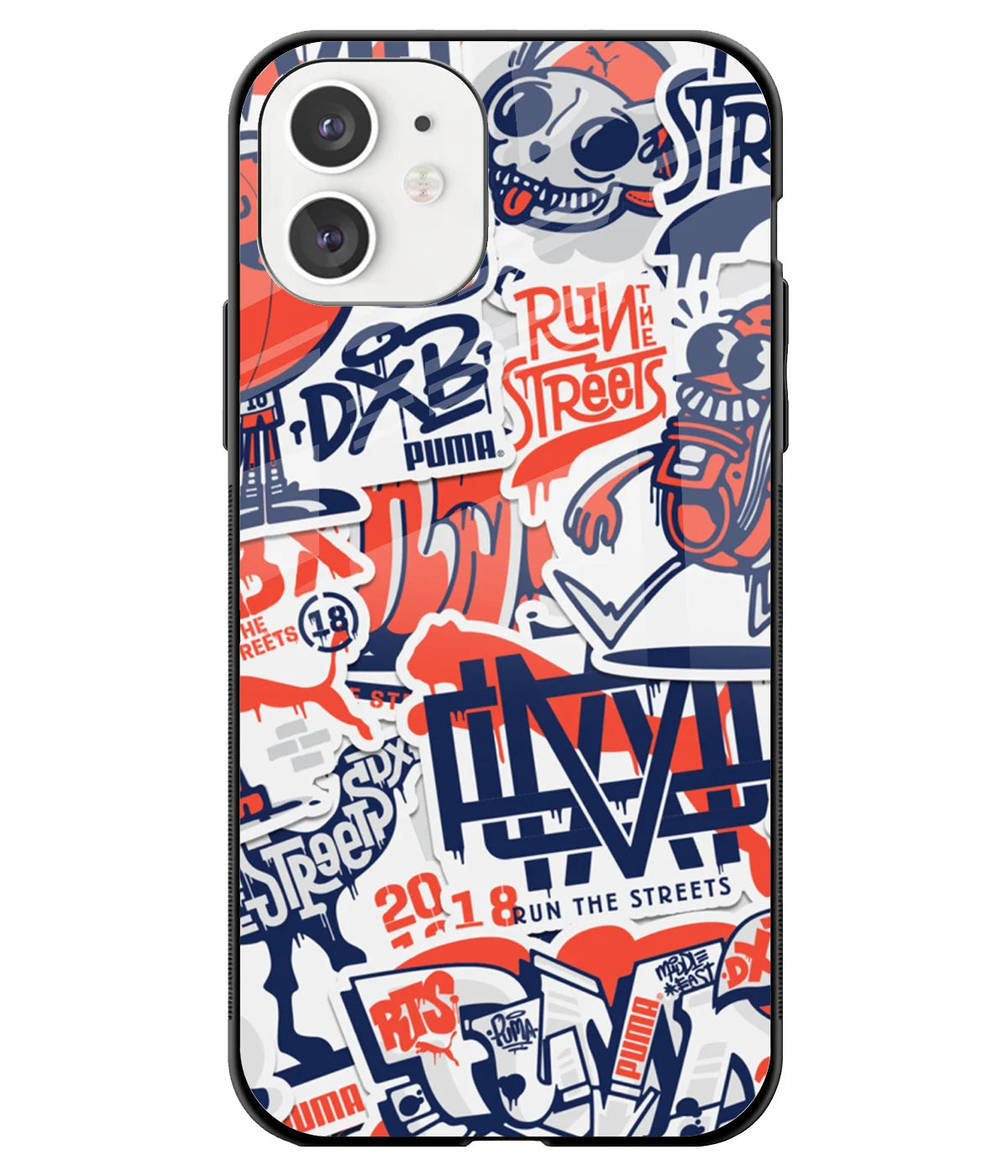 A front-on view of a glass phone case with a colorful design.