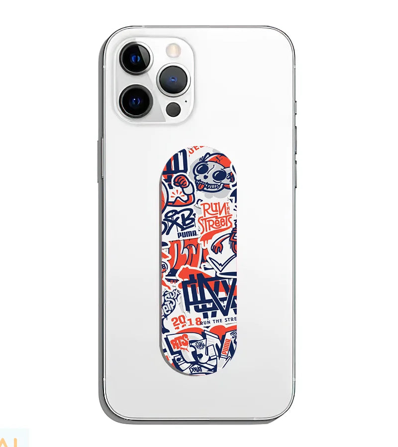 A phone grip slider applied to the back of a smartphone.
