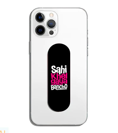 A phone grip slider applied to the back of a smartphone.