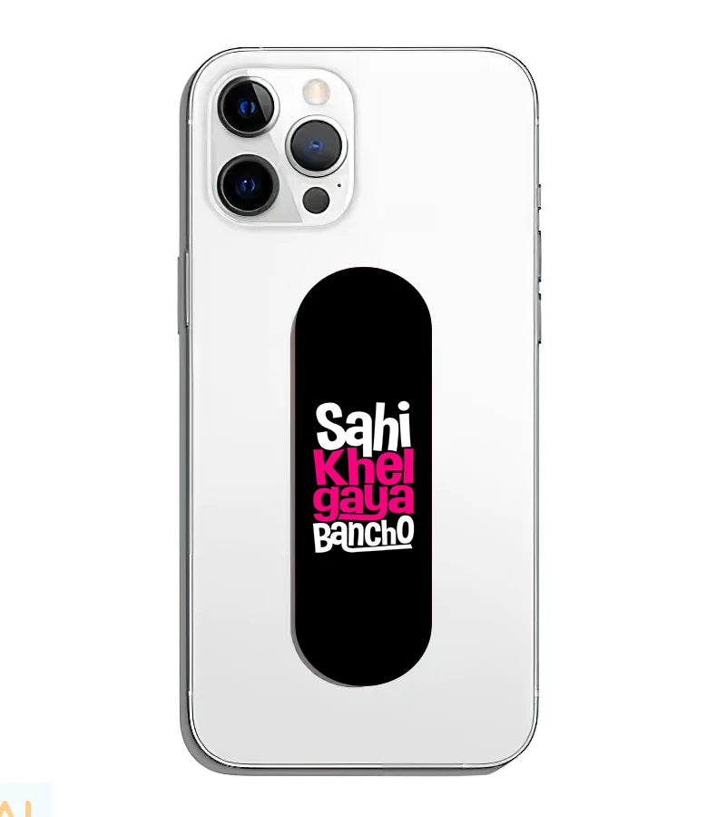 A phone grip slider applied to the back of a smartphone.