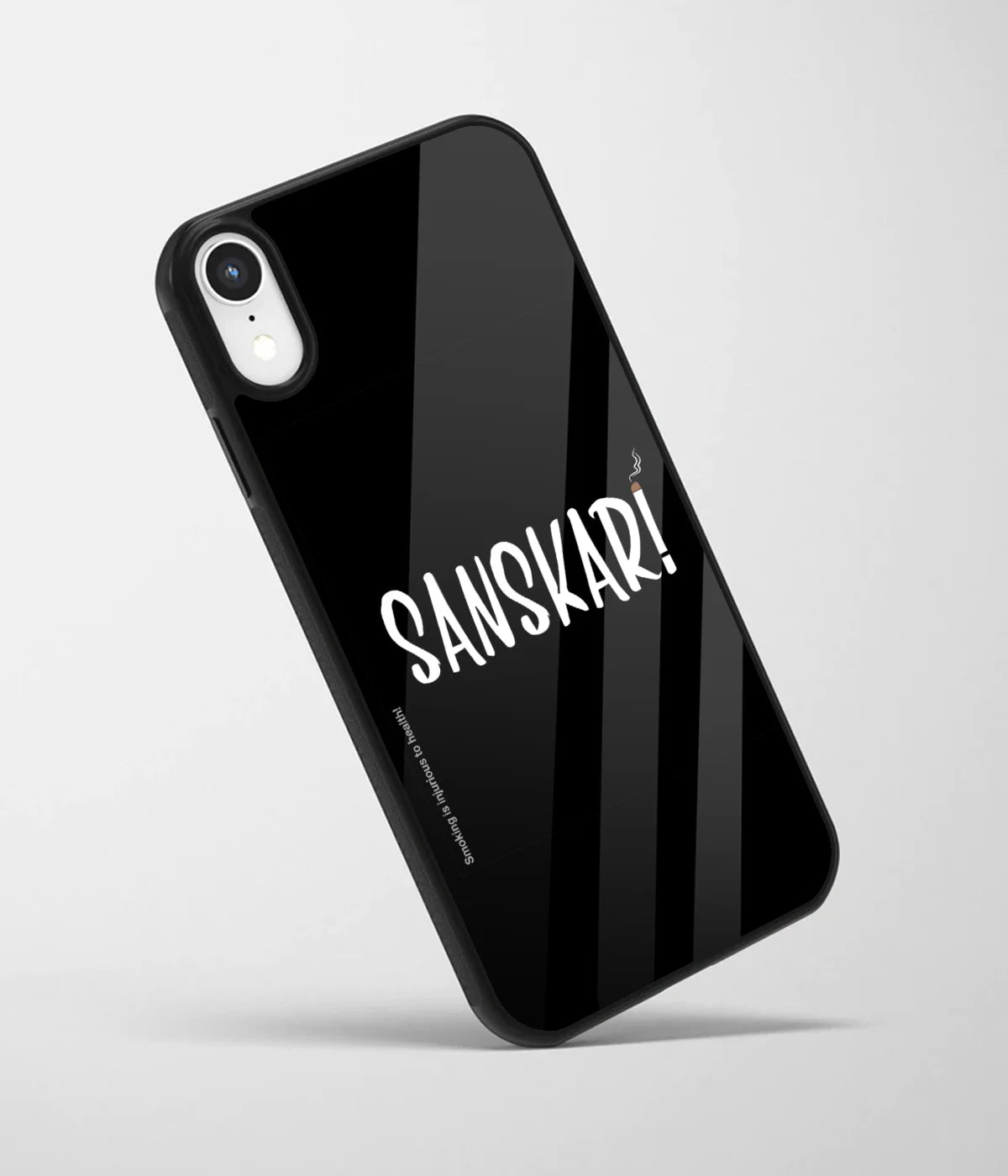 An angled view of a glass phone case featuring a vibrant design.