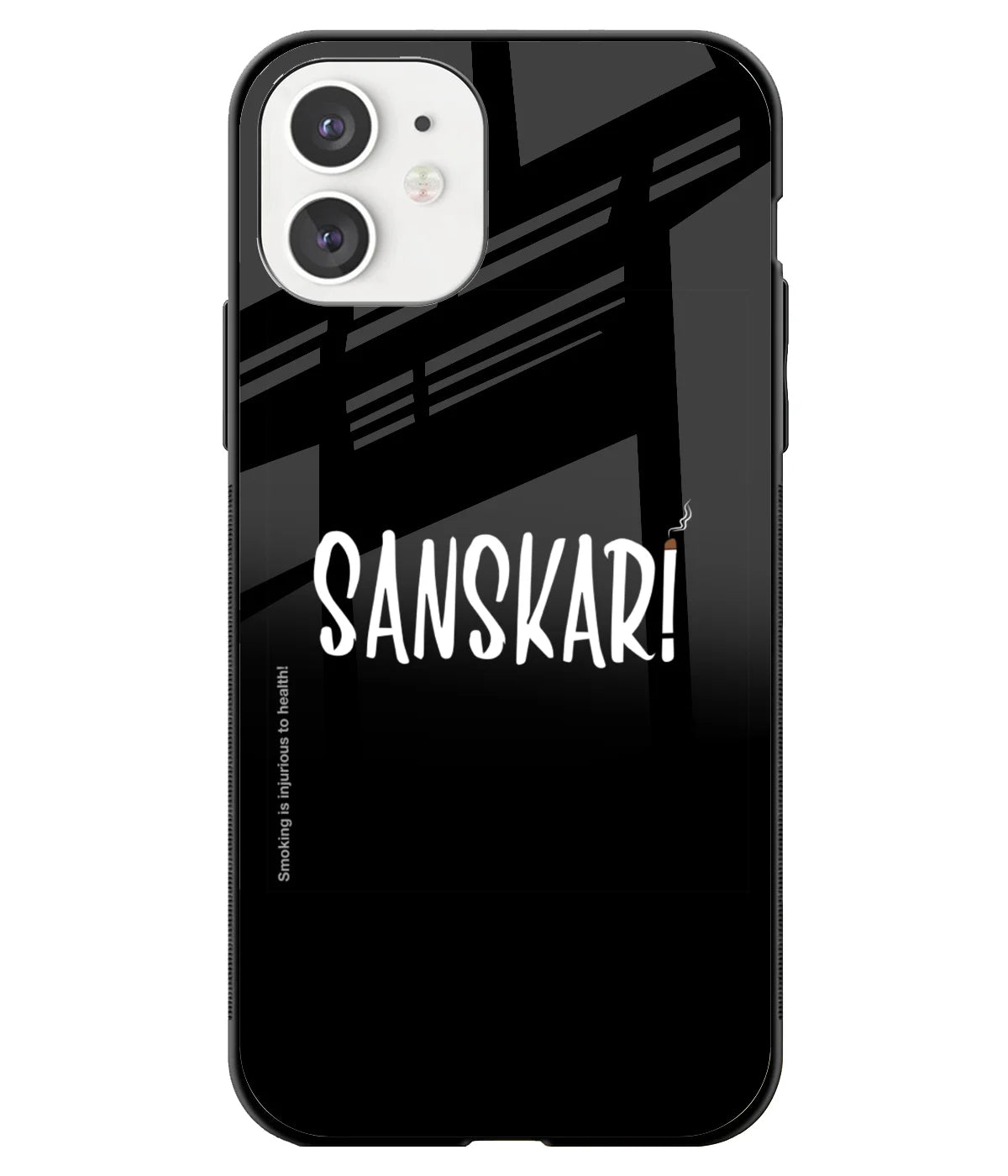 A front-on view of a glass phone case with a colorful design.