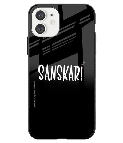 A front-on view of a glass phone case with a colorful design.
