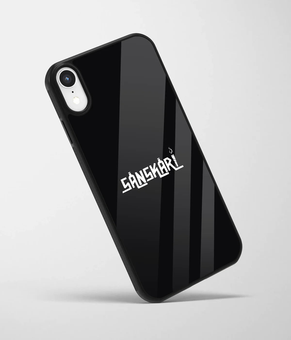An angled view of a glass phone case featuring a vibrant design.