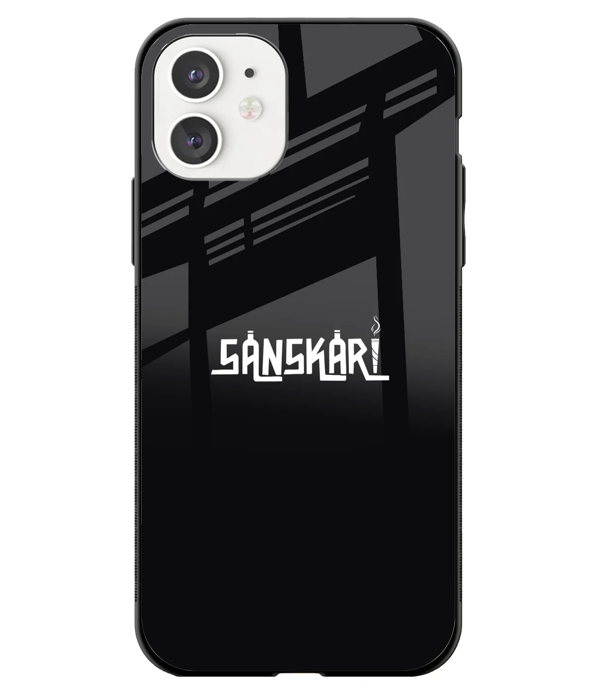A front-on view of a glass phone case with a colorful design.