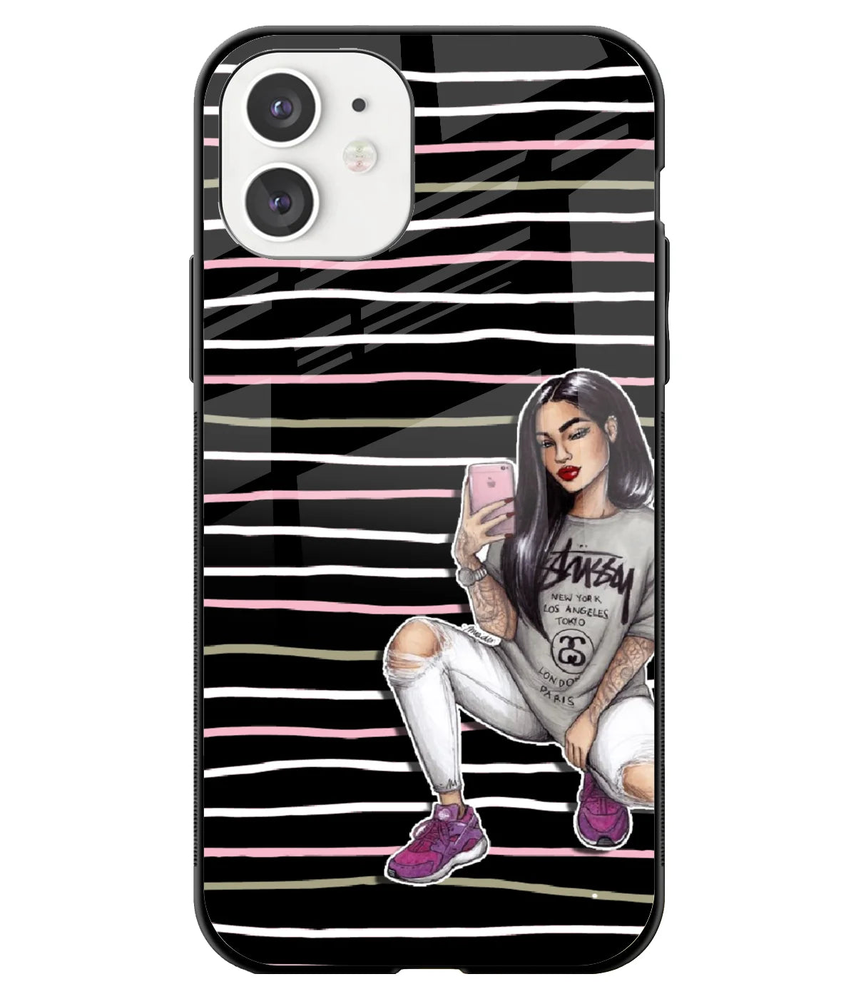 A front-on view of a glass phone case with a colorful design.