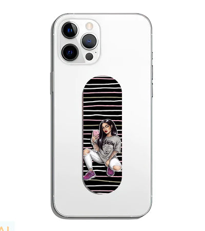 A phone grip slider applied to the back of a smartphone.