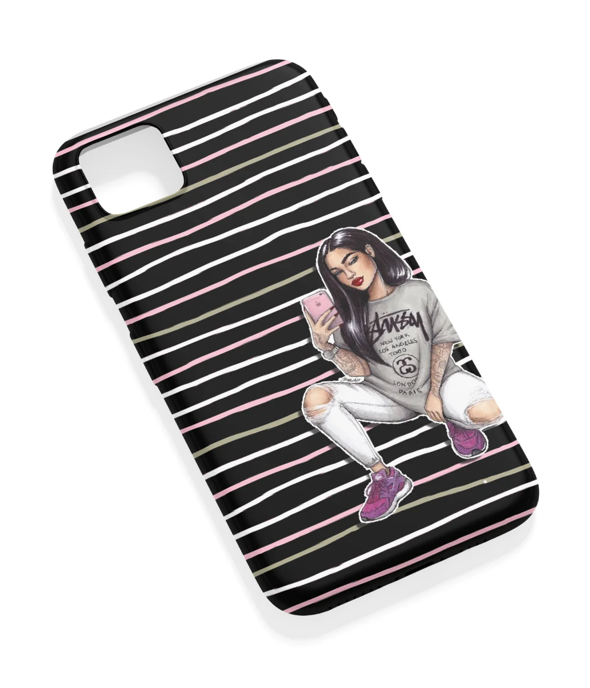 An angled view of a soft silicone case featuring a vibrant design.