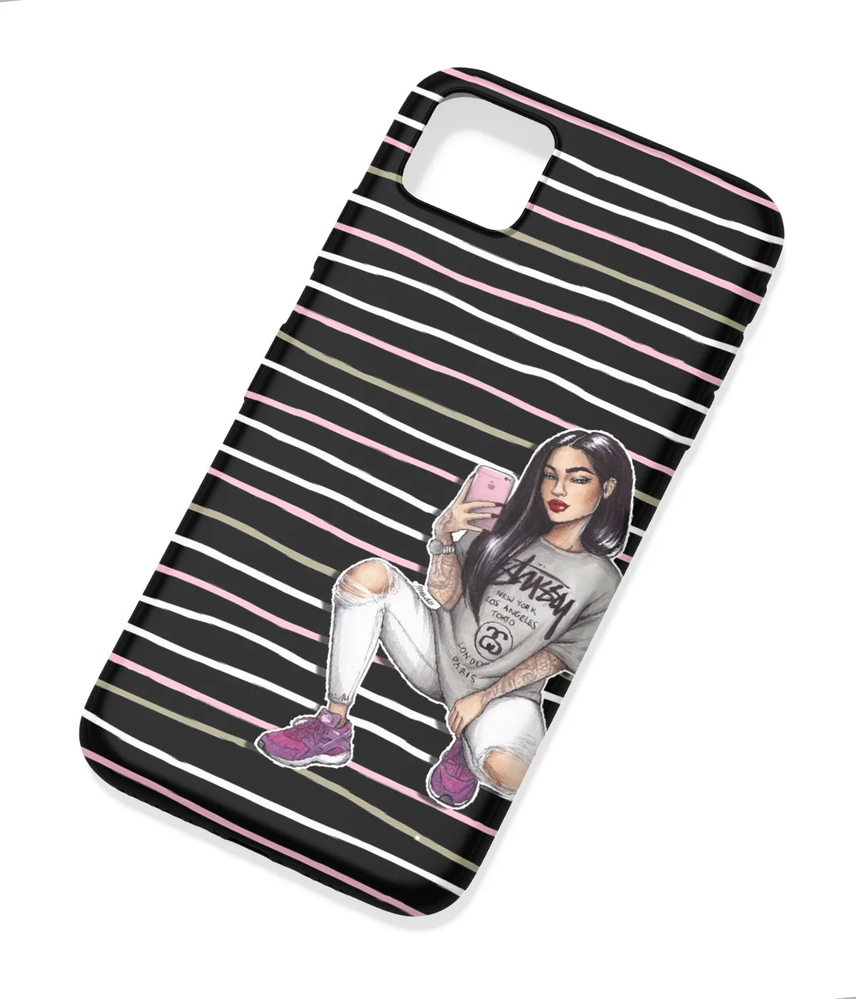An angled view of a soft silicone case featuring a colorful design.