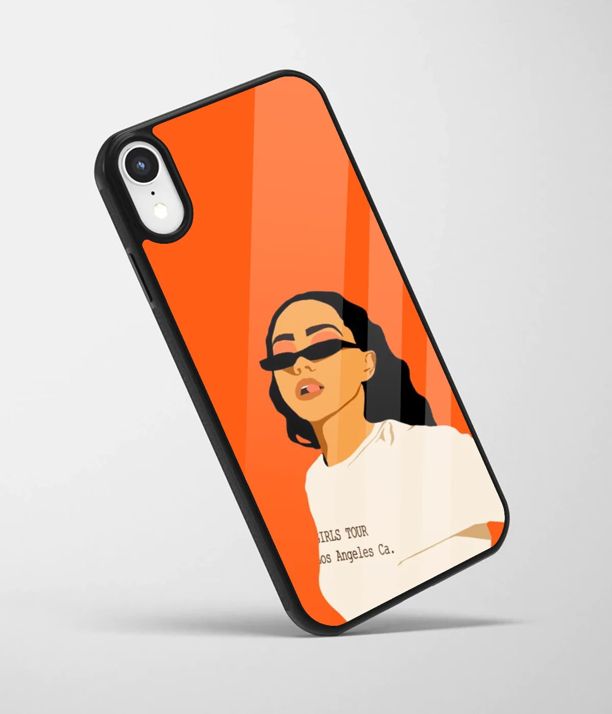 An angled view of a glass phone case featuring a vibrant design.