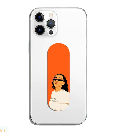 A phone grip slider applied to the back of a smartphone.
