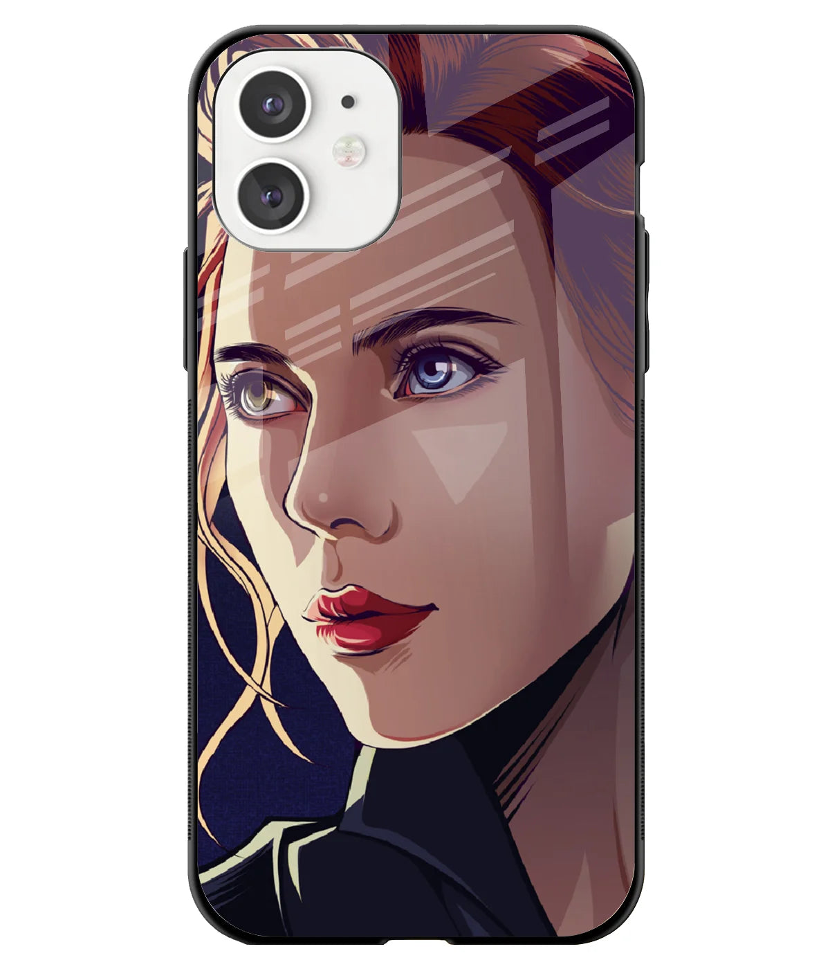 A front-on view of a glass phone case with a colorful design.