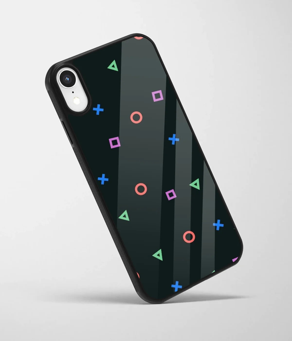 An angled view of a glass phone case featuring a vibrant design.