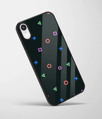 An angled view of a glass phone case featuring a vibrant design.