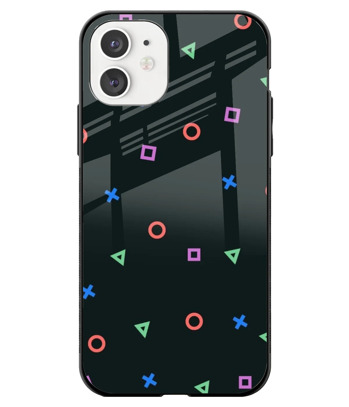 A front-on view of a glass phone case with a colorful design.