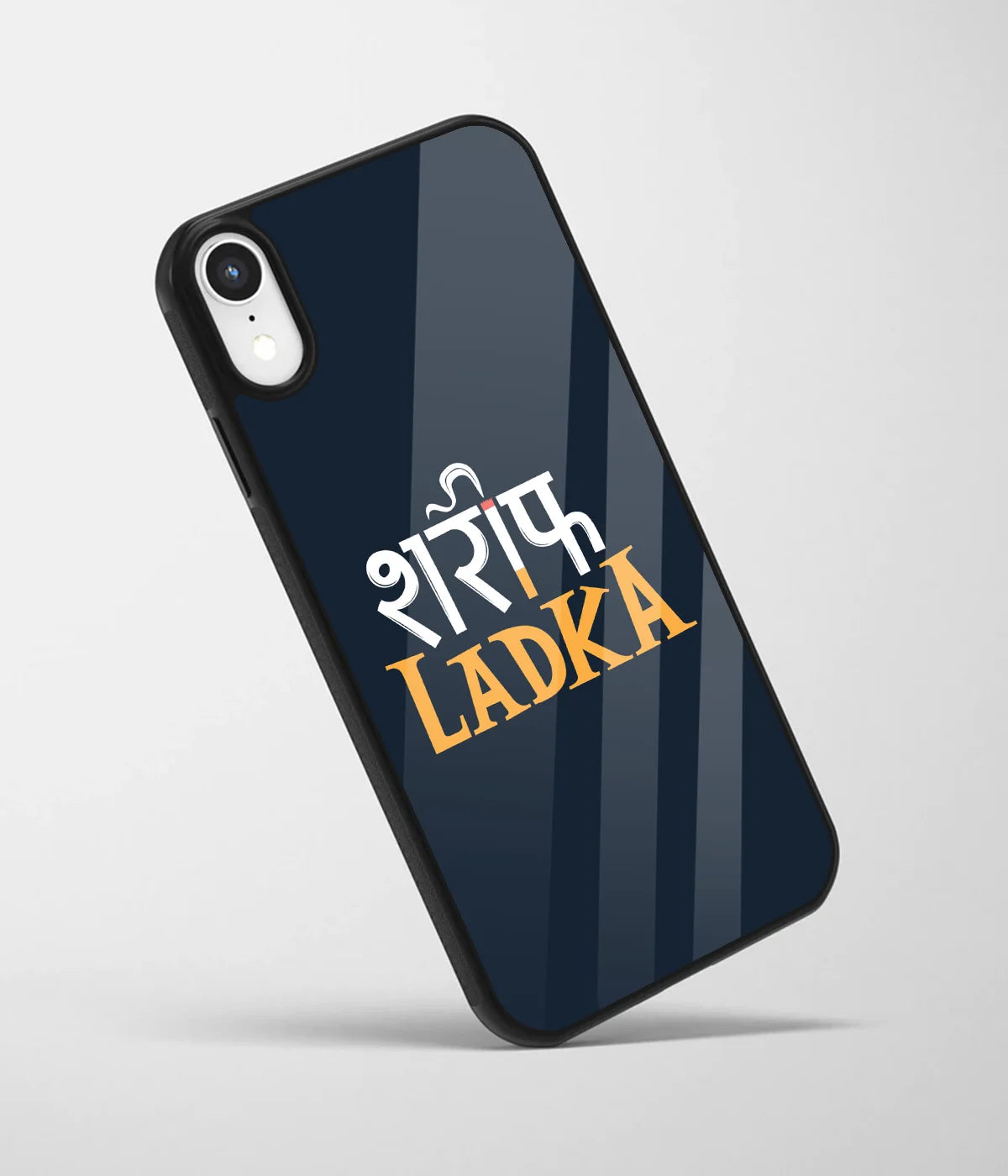 An angled view of a glass phone case featuring a vibrant design.