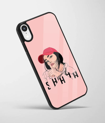 An angled view of a glass phone case featuring a vibrant design.