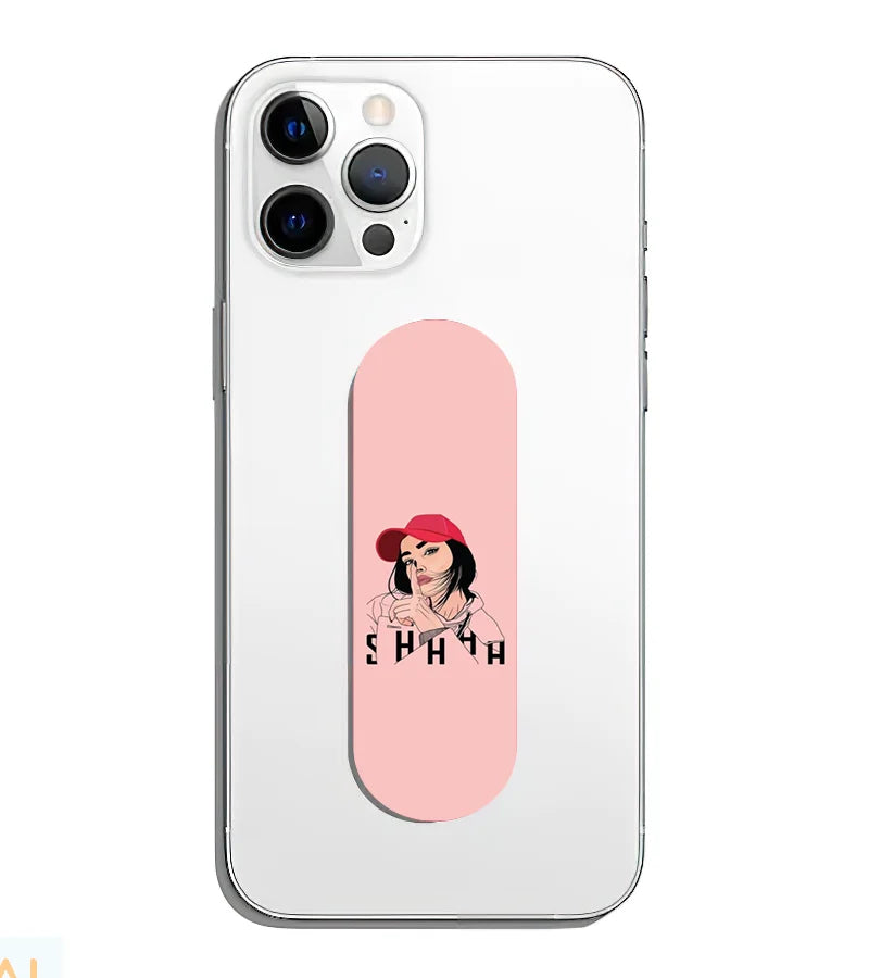 A phone grip slider applied to the back of a smartphone.